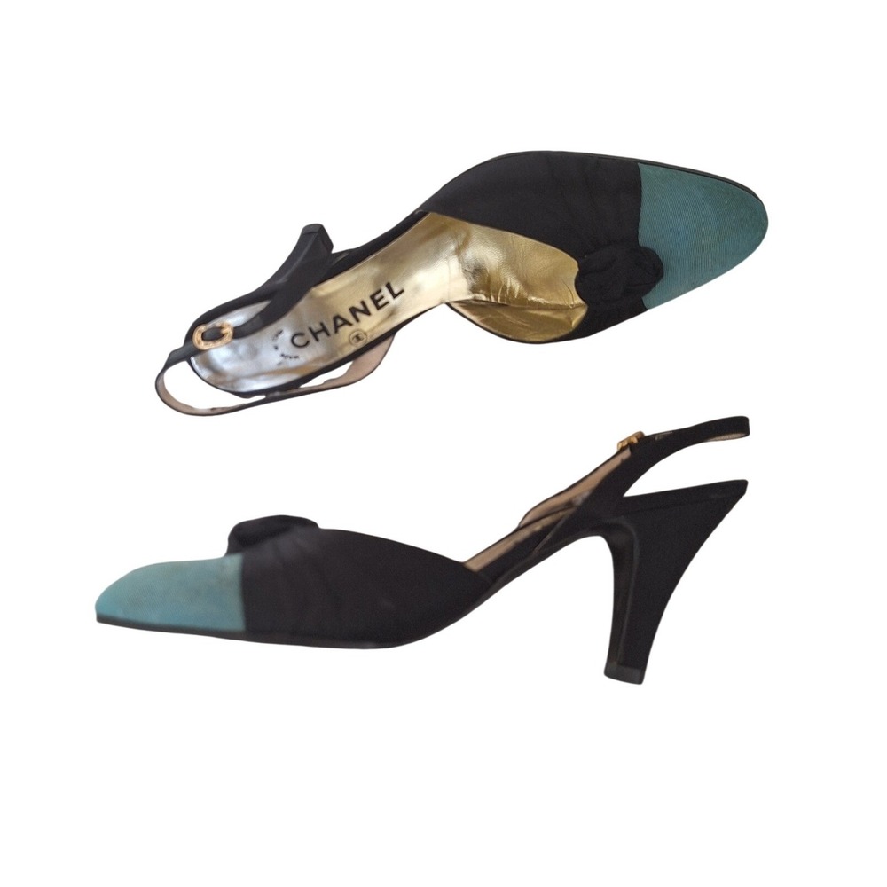 vintage Chanel black green silk leather heel flats size 8,5 A - Picture 8 of 15